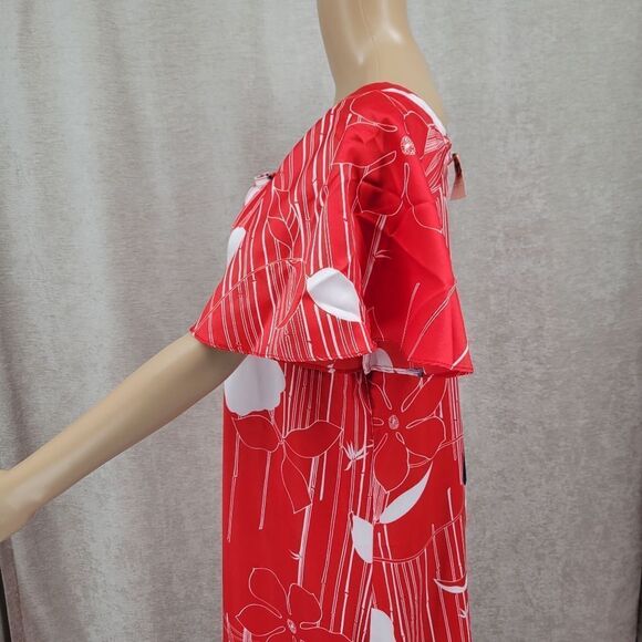 Hawaii Nei 70s Maxi Dress Kaftan Red Navy White Tropical Flutter Sleeves Women's - Picture 4 of 8